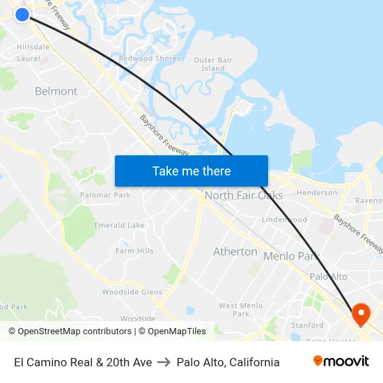 El Camino Real & 20th Ave to Palo Alto, California map