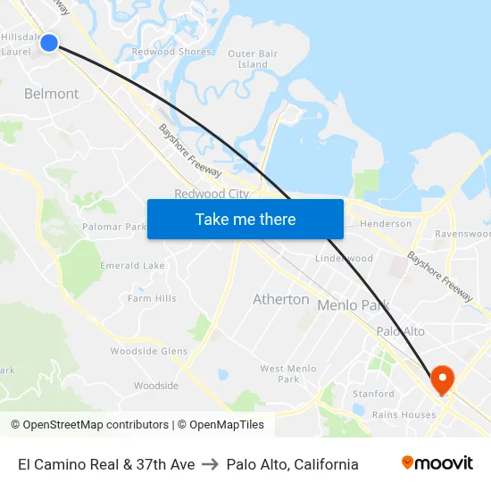 El Camino Real & 37th Ave to Palo Alto, California map