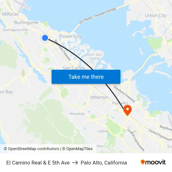El Camino Real & E 5th Ave to Palo Alto, California map