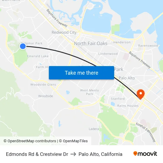 Edmonds Rd & Crestview Dr to Palo Alto, California map