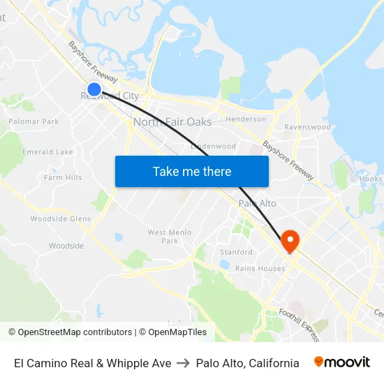 El Camino Real & Whipple Ave to Palo Alto, California map