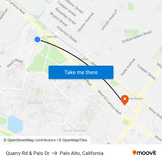 Quarry Rd & Palo Dr to Palo Alto, California map