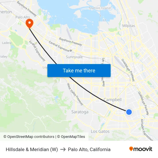 Hillsdale & Meridian (W) to Palo Alto, California map