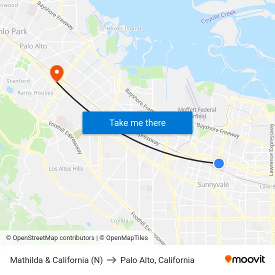 Mathilda & California (N) to Palo Alto, California map