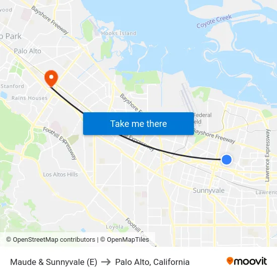 Maude & Sunnyvale (E) to Palo Alto, California map