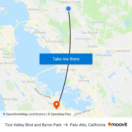 Tice Valley Blvd and Byron Park to Palo Alto, California map