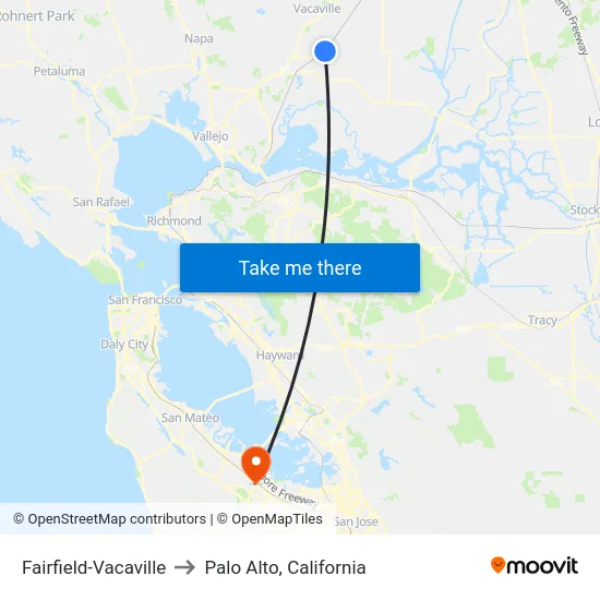 Fairfield-Vacaville to Palo Alto, California map