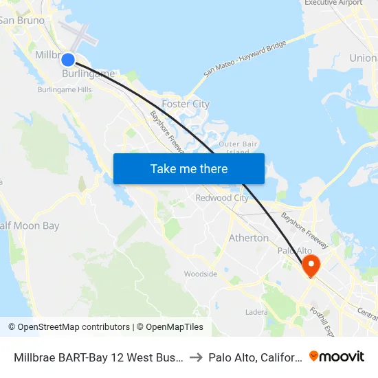 Millbrae BART-Bay 12 West Busway to Palo Alto, California map