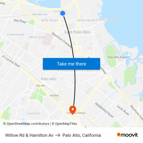 Willow Rd & Hamilton Av to Palo Alto, California map