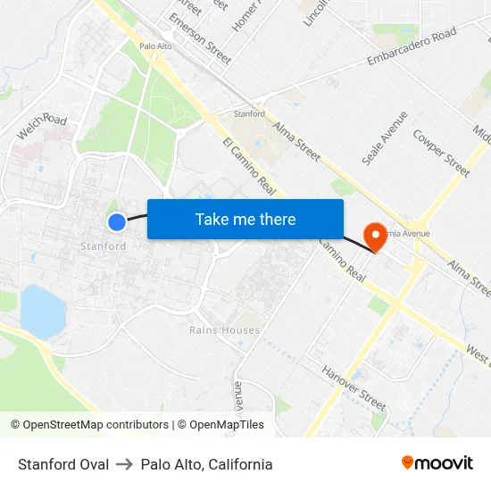 Stanford Oval to Palo Alto, California map