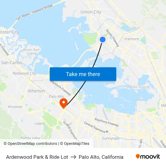 Ardenwood Park & Ride Lot to Palo Alto, California map