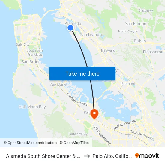 Alameda South Shore Center & Kohl's to Palo Alto, California map