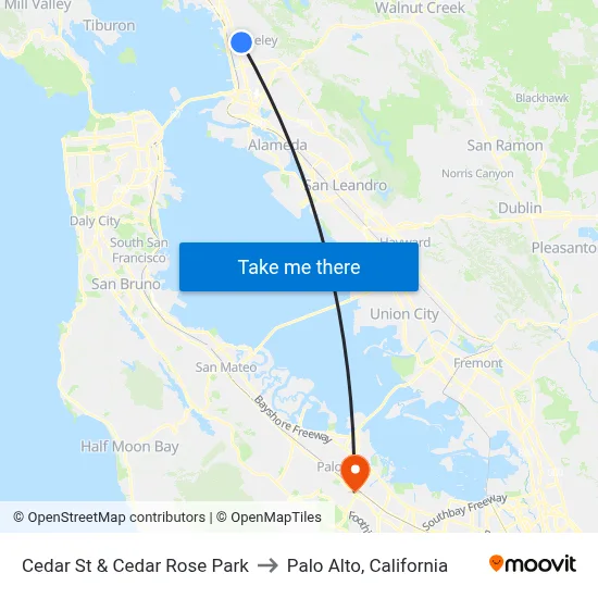 Cedar St & Cedar Rose Park to Palo Alto, California map