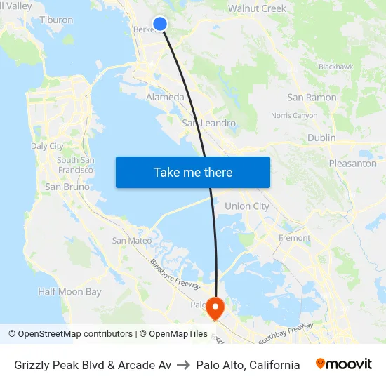 Grizzly Peak Blvd & Arcade Av to Palo Alto, California map