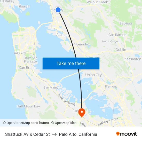 Shattuck Av & Cedar St to Palo Alto, California map