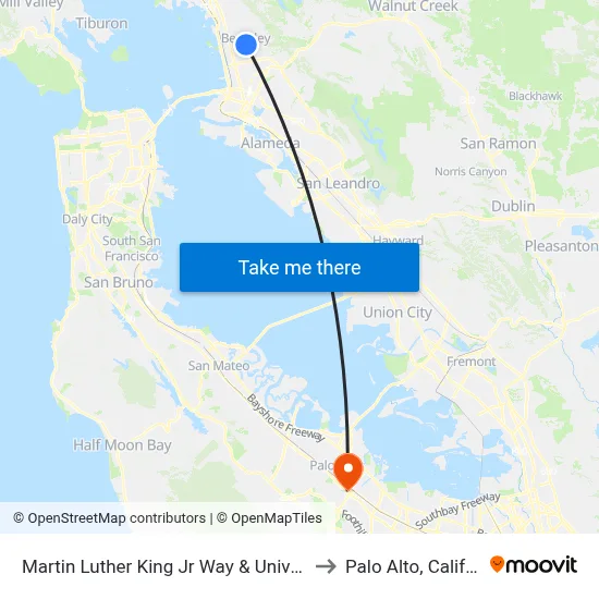 Martin Luther King Jr Way & University Av to Palo Alto, California map