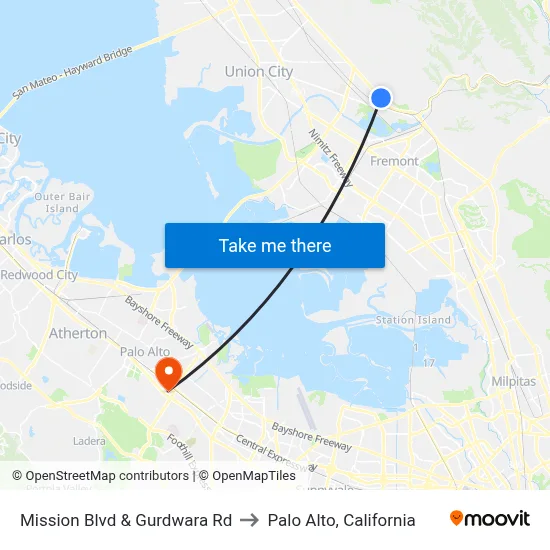 Mission Blvd & Gurdwara Rd to Palo Alto, California map