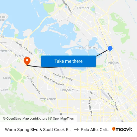 Warm Spring Blvd & Scott Creek Rd (Kato Rd) to Palo Alto, California map
