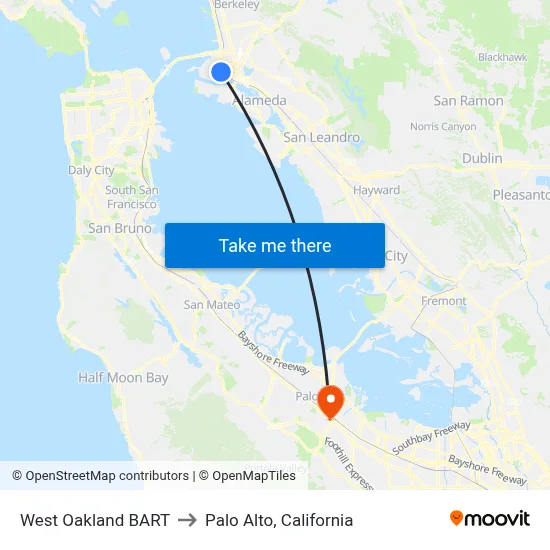West Oakland BART to Palo Alto, California map