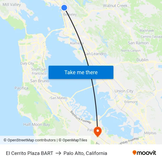 El Cerrito Plaza BART to Palo Alto, California map