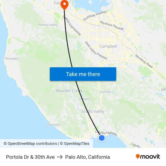 Portola Dr & 30th Ave to Palo Alto, California map