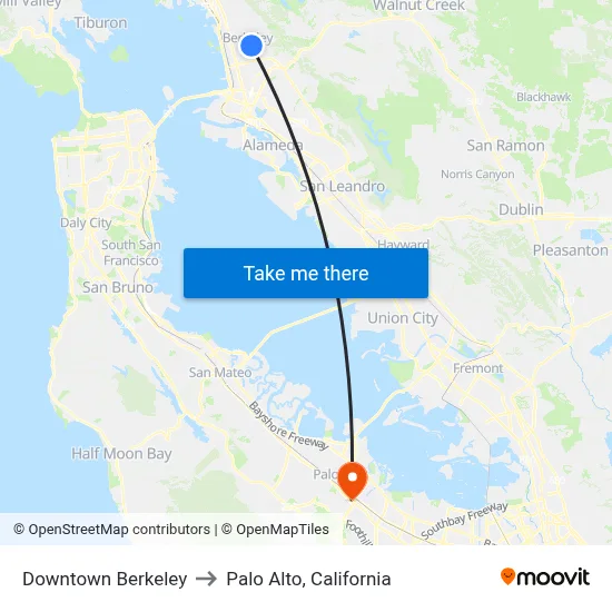 Downtown Berkeley to Palo Alto, California map