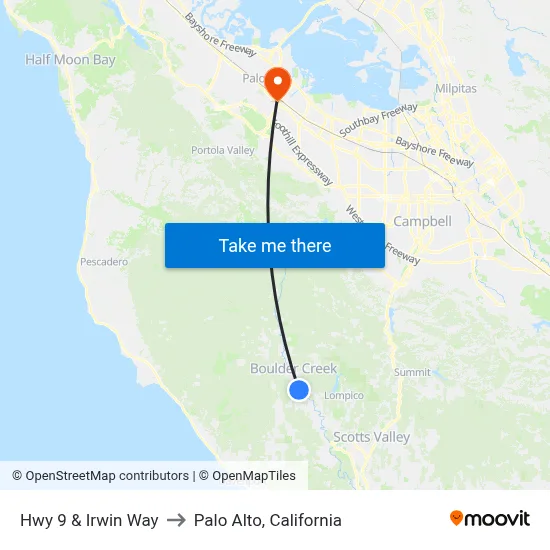 Hwy 9 & Irwin Way to Palo Alto, California map