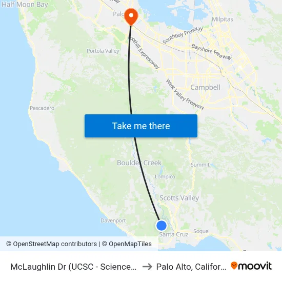 McLaughlin Dr (UCSC - Science Hill) to Palo Alto, California map