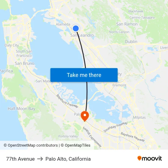 77th Avenue to Palo Alto, California map