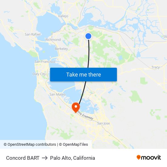 Concord BART to Palo Alto, California map