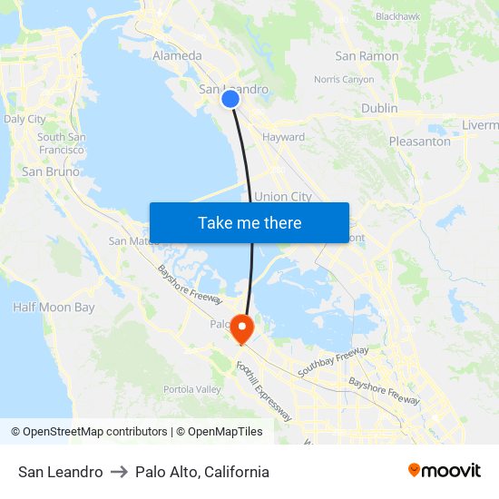 San Leandro to Palo Alto, California map