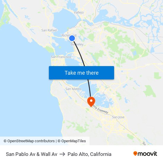 San Pablo Av & Wall Av to Palo Alto, California map