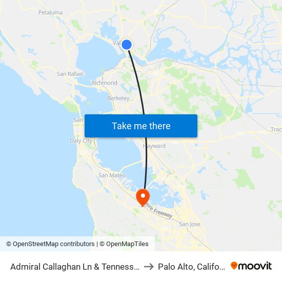 Admiral Callaghan Ln & Tennessee St to Palo Alto, California map