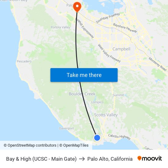 Bay & High (UCSC - Main Gate) to Palo Alto, California map