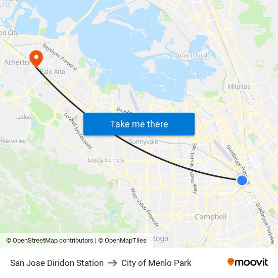 San Jose Diridon Station to City of Menlo Park map