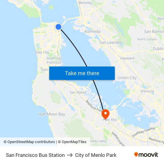 San Francisco Bus Station to City of Menlo Park map