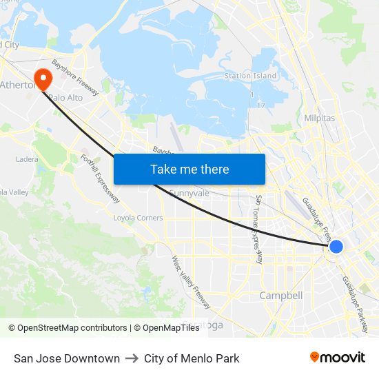 San Jose Downtown to City of Menlo Park map