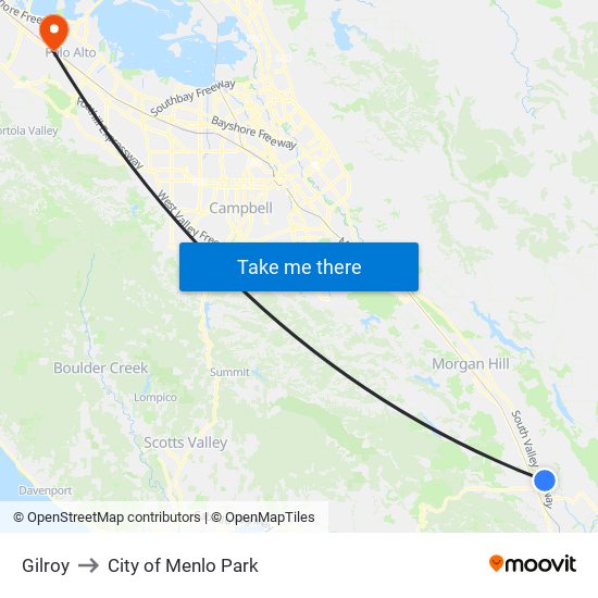 Gilroy to City of Menlo Park map