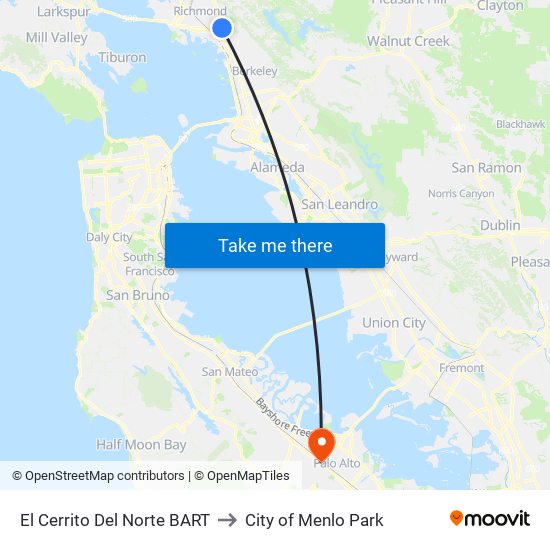 El Cerrito Del Norte BART to City of Menlo Park map