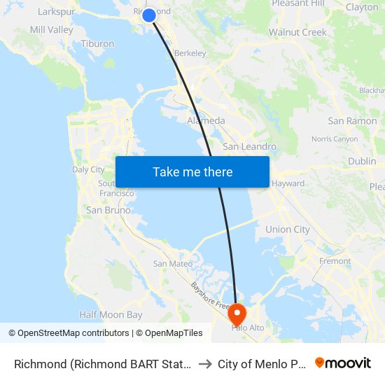 Richmond (Richmond BART Station) to City of Menlo Park map