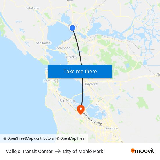 Vallejo Transit Center to City of Menlo Park map