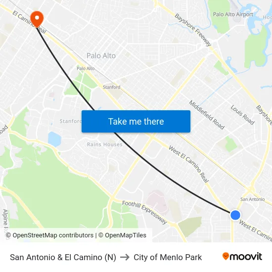 San Antonio & El Camino (N) to City of Menlo Park map