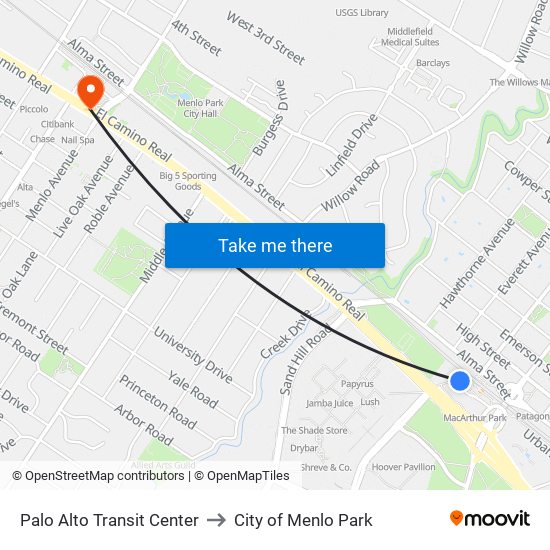 Palo Alto Transit Center to City of Menlo Park map