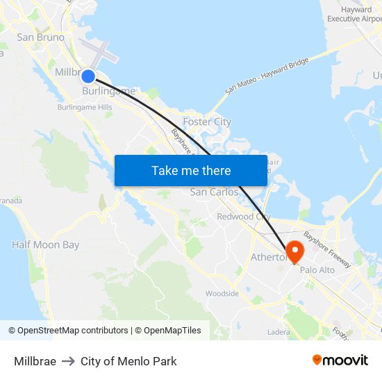 Millbrae to City of Menlo Park map