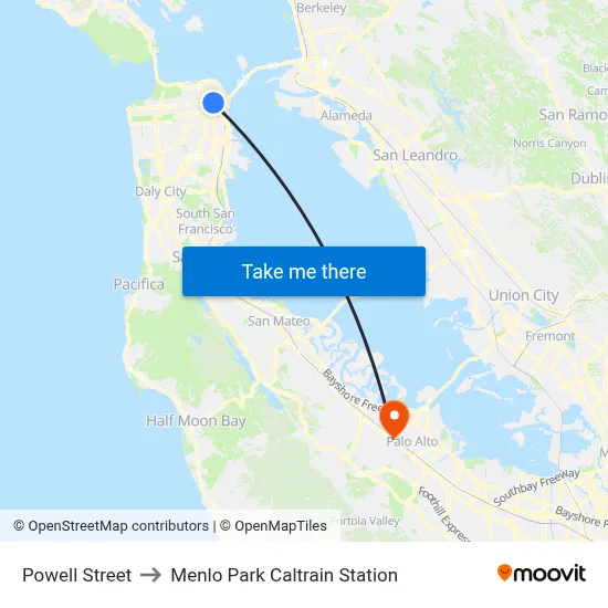 Powell Street to Menlo Park Caltrain Station map