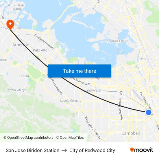 San Jose Diridon Station to City of Redwood City map