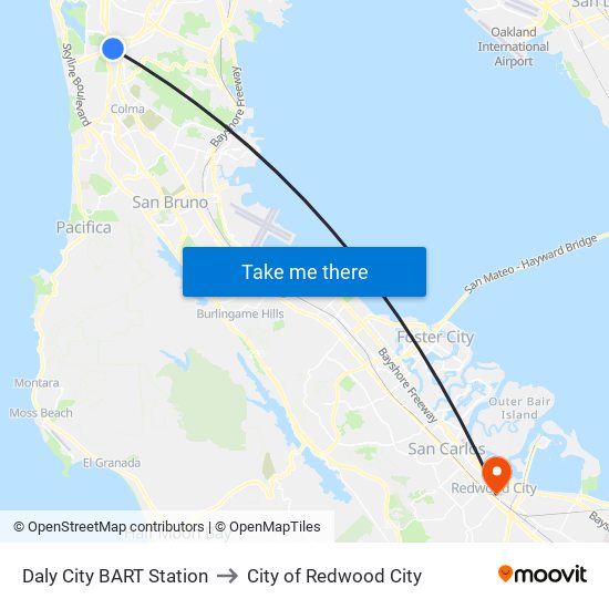 Daly City BART Station to City of Redwood City map