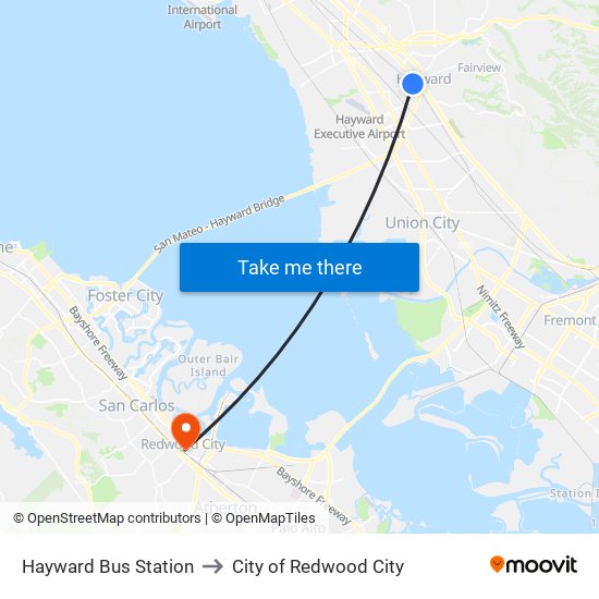 Hayward Bus Station to City of Redwood City map