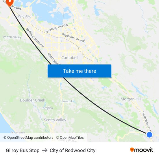 Gilroy Bus Stop to City of Redwood City map