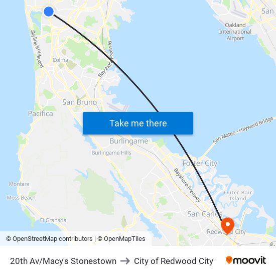 20th Av/Macy's Stonestown to City of Redwood City map
